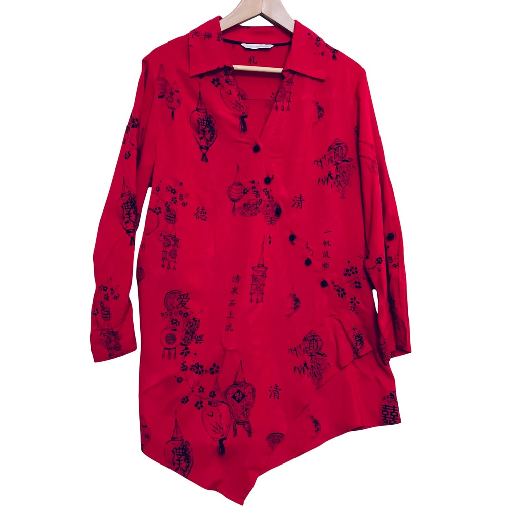 Soft Surroundings Tunic Blouse Womens S Red Excellent Asian Print Asymmetrical